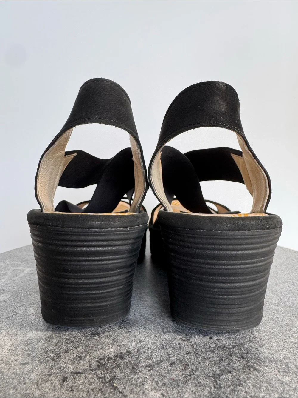 Fly London Yaji Black Leather Wedge Heels Sandals 39